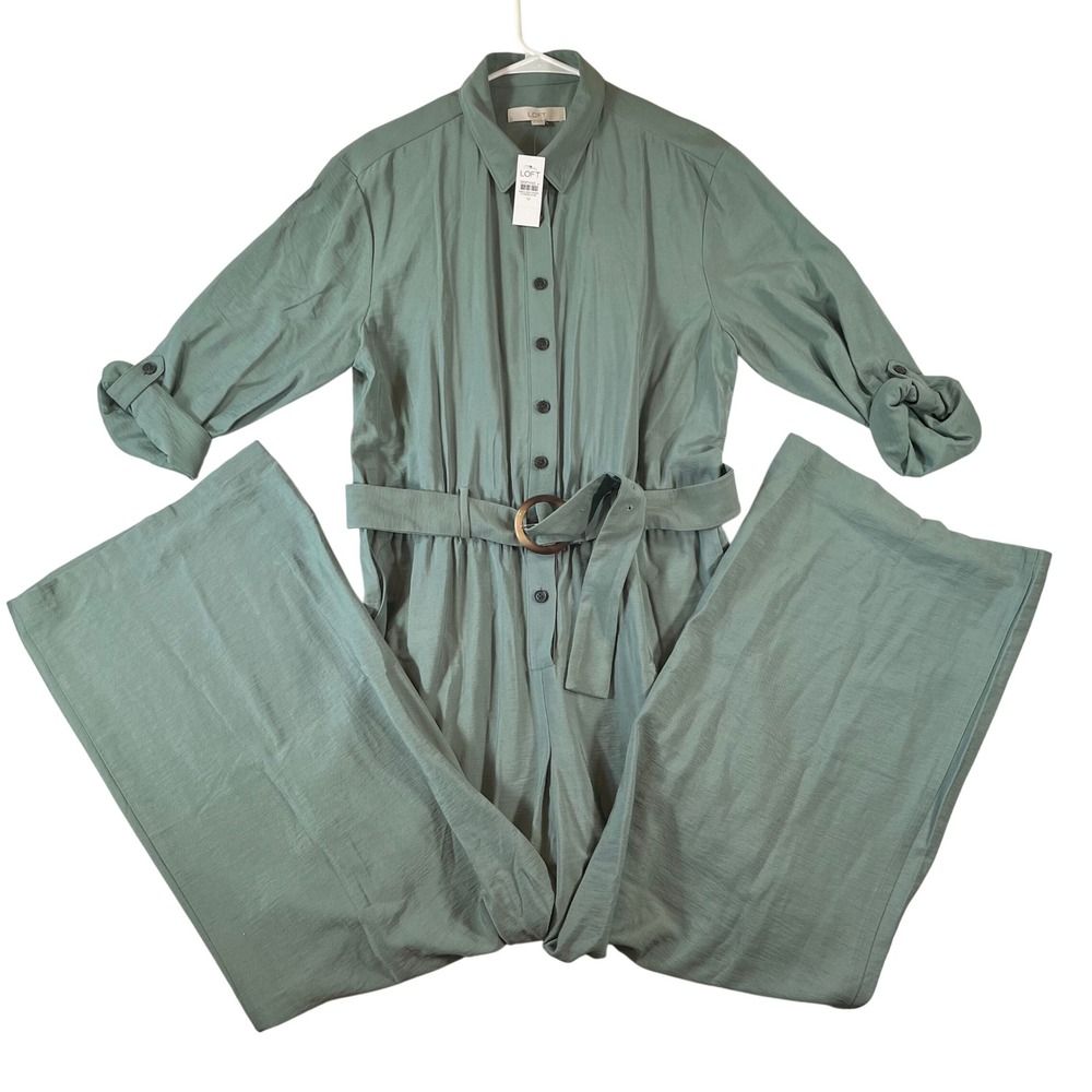 NEW LOFT Belted Jumpsuit 14 Sage Green Wide Leg Utility Roll Up Long Sleeve NWT